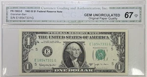 1963 B $1 Barr Federal Reserve Note CGA GEM Uncirculated 67 Fr-1902-E - Picture 1 of 2
