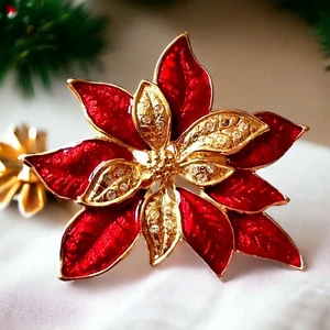 Poinsettia Christmas Brooch Gold Tone Red Enamel Crystal Signed Roman Vintage - Picture 1 of 8