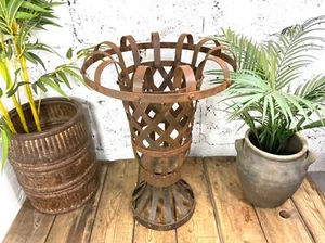 Large Vintage Rustic Heavy Duty Riveted Iron Lattice Garden Planter Urn Fire Pit - Picture 1 of 12