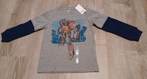 Carter's KID Boys Robot Long Sleeve Gray Shirt Navy Blue Waffle Knit Sleeve Sz 4 - Picture 1 of 7