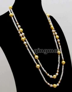5mm Round White Pearl Necklace for Women 10mm Yellow Pearl Long Necklace 50'' - Picture 1 of 6