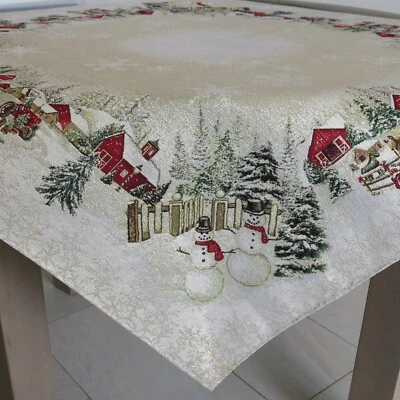 Tablecloths Christmas Golden ThreadsTapestry Holiday Fabric Snowmen Table cloth - Image 1 of 4