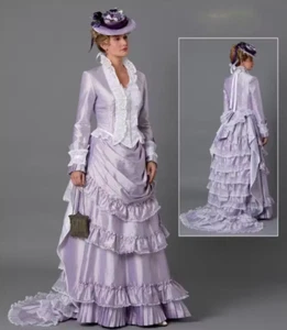 Ruffle Wedding Dress Victorian Lady Walking Dress Edwardian Period Purple - Picture 1 of 11