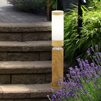 Sockelleuchte Außen Stehlampe Holz Optik Edelstahl Garten Hof Strahler Deko LED - Bild 1 von 4