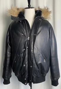 A Bathing Ape Bape Black Leather Sheepskin Puff Jacket Hooded Real Fur XL Rare - Picture 1 of 12