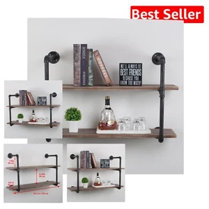2-Tier Wall-Mounted Industrial Pipe Shelves - Perfect for Living Room & Kitchen - Picture 1 of 10