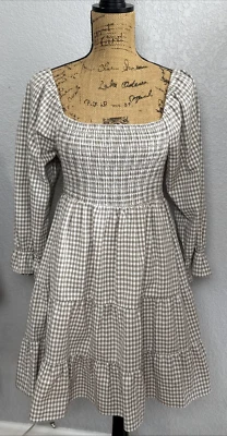 Dress Womens Linen Gingham Check Beige Tiered Smocked Milkmaid Peasant  NWT M - Image 1 of 4