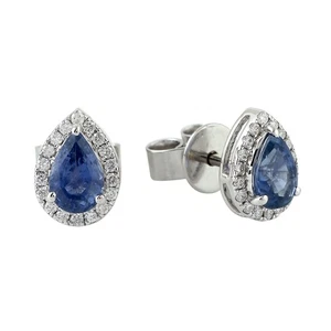 Pear Shape Mini Stud Earrings Diamond 18k White Gold Sapphire Women Jewelry - Picture 1 of 7