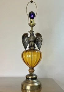 Vintage Mid Century Federal Eagle Table Lamp 1970's Amber Glass Globe 29” Tall - Picture 1 of 24