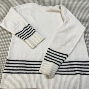 DKNY Winter White with Black Striped Sweater Size m Long Tunic Boat Neck Soft - Picture 1 of 6