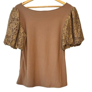 W5 Brown Balloon Sleeve Lace T-Shirt Top Sz M - Picture 1 of 7