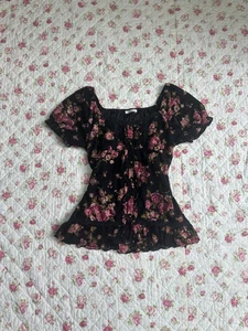 Japanese brand axes femme black floral women's blouse - Picture 1 of 4