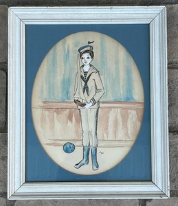 Vintage Original Watercolor Boy with Sailboat Framed - Picture 1 of 4