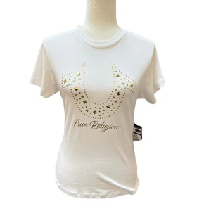 Camiseta para mujer True Religion tachonada con logotipo de herradura talla XS blanca nueva con etiquetas - Imagen 1 de 5