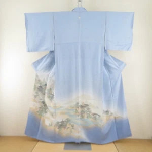 Kimono colorato Tomesode seta fantasia paesaggio blu stemma una famiglia - Foto 1 di 23