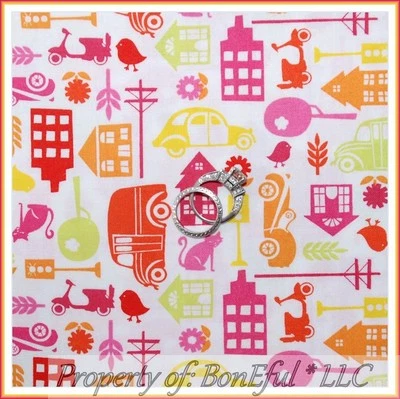 BonEful Fabric FQ Cotton Quilt White Pink City Mod Girl Cat Bird Car Busy Town S - Image 1 of 4