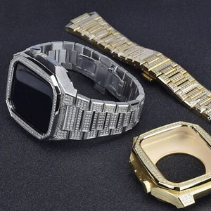 Lunette de bracelet en acier diamant pour Apple Watch 9 8 7 6 5 4 se 44 mm 45 mm Mod Kit - Photo 1 sur 15