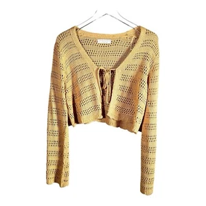 Jolie & Joy Knitted Crop Sweater Cardigan Tan Size L Boho Crochet - Picture 1 of 8