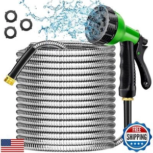 Garden Hose 100 ft - Stainless Steel Water Hose 100ft with 10 Function Nozzle - Picture 1 of 5