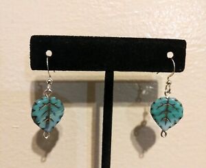 Small Blue and Turquoise Gradient Czech Glass Leaf Beaded Dangle Earrings Fall
