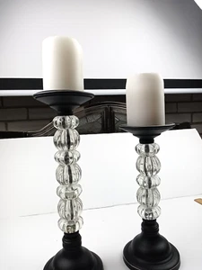 Set of 2 MC Modern Tall Art Glass Candle Stick Holders Metal Base 14"/12" - Picture 1 of 7