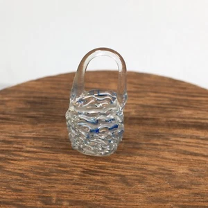 Vintage Miniature Spun Glass Basket Clear Blue 1” Tall Hand Made - Picture 1 of 3