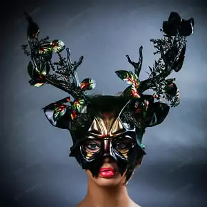 Deep Forest Dark Green Masquerade Event Prom Party Devil Horned Men Women Mask - Picture 1 of 8