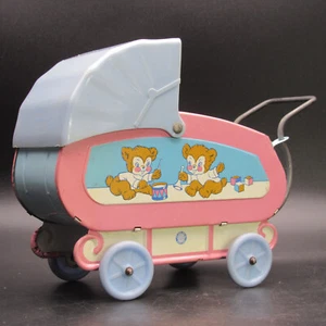 Ohio Art Baby Buggy, Lithograph Metal Carriage, Teddy Bears, Woolworth Tag - Picture 1 of 19