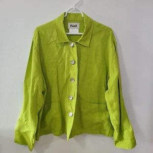 FLAX Women’s 100% Linen Blazer Pearl Button Long Sleeve Pocket Green Size M - Picture 1 of 7