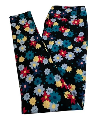 LuLaRoe Leggings TC Tall Curvy BLACK Colorful Floral MODERN DAISY Dot Casual Fit - Image 1 of 4