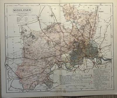 Mapa antiguo original del condado de Middlesex de 1884 por Letts Foto 1 de 3