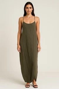 Mod Ref Faux Wrap Maxi Dress Soft Gauze Olive Green Medium Adjustable Straps - Picture 1 of 7