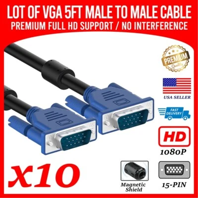 Lot of 10 SVGA VGA Cable 5ft Cord 1920x1080 HD for Monitor Laptop PC Computer - Image 1 of 4