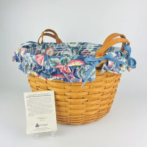 Longaberger 1992 Hostess WildFlower Basket, Blue Floral Liner, Plastic Protector Cover