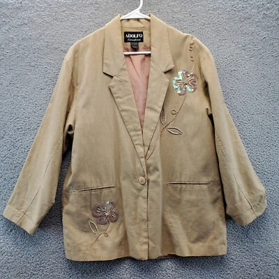 Blazer Adolfo International Mujer Beige Grande Mezcla de Lino Bordado Vintage  Foto 1 de 4
