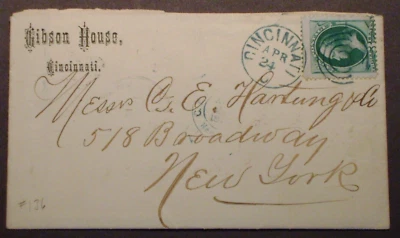 1800's  Gibson House Cover,  Cincinnati to New York w/attached Scott #136 stamp - Image 1 of 4