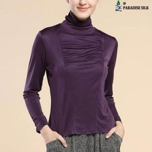 Pure Silk Knit Womens Turtleneck Pleated Front Long Sleeves Shirt - Picture 1 of 4