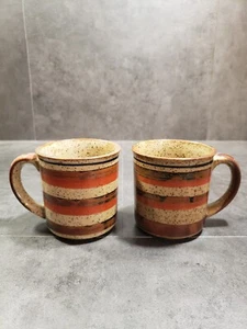 VTG Stoneware Coffee Mugs Beige Brown Orange Stripe Speckled Cups - Picture 1 of 11