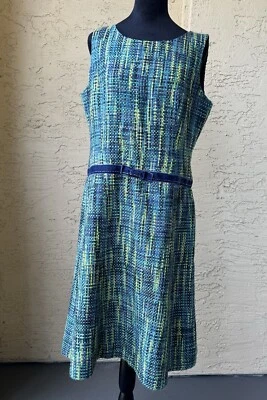 Vestido de tweed RANDOLPH DUKE talla 12 verde azul sin mangas hasta la rodilla carrera oficina Foto 1 de 4