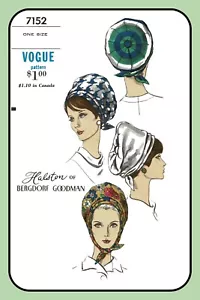 Sombrero Misses patrón turbante capó talla única Vogue 7152 de colección 1965 costura artesanal - Imagen 1 de 7