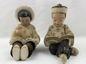 Vintage Pair of Asian Girl & Boy Reading a Book Chalk Ware Figures - Picture 1 of 21