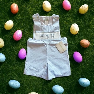 Collection Bebe Boy 18M Jumper Smocked Embroidry Bunny Easter Spring Seersucker - Picture 1 of 6