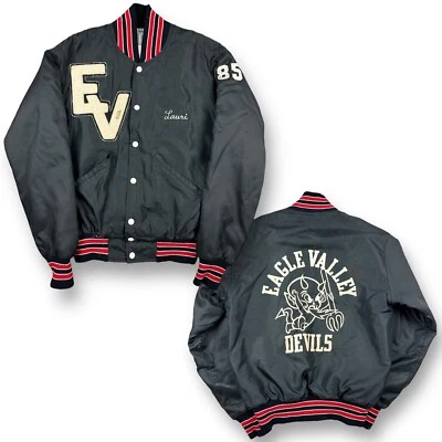 Vtg Eagle Valley Devils Black Nylon Bomber Jacket Mens S Quilted Snap USA 1985 - Image 1 of 4
