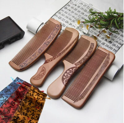 2 PCS Natural Peach Wood Tooth Hair Comb Handmade Anti Static & Pouch Gift Set - Image 1 of 2