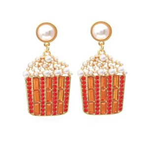Gold Popcorn Bucket Dangle Pearl Earrings, Movies, Movie Night, Premier, Gift - Picture 1 of 3