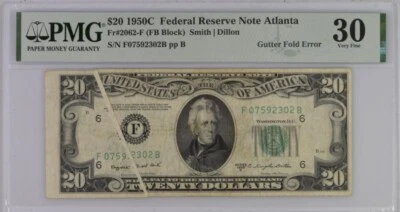 1950 C Federal Reserve Banknote Atlanta $20 dollars Gutter Fold Error PMG 30 - Image 1 of 2