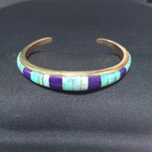 Indianer Intarsien vergoldet Feueropal Sugilit lila offen Armreif Manschette Armband - Bild 1 von 10