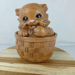 Vintage Twin Winton California Pottery Brown Cat Kitten In Basket Cookie Jar - Picture 1 of 11