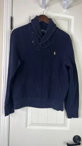 VTG Polo Ralph Lauren Sweater Mens M Blue Shawl Collar 2 Button Pullover Preppy - Picture 1 of 11