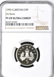 1990 Silber 5p PP NGC PF69 Large 23,5mm Five Pence Großbritannien - Bild 1 von 2